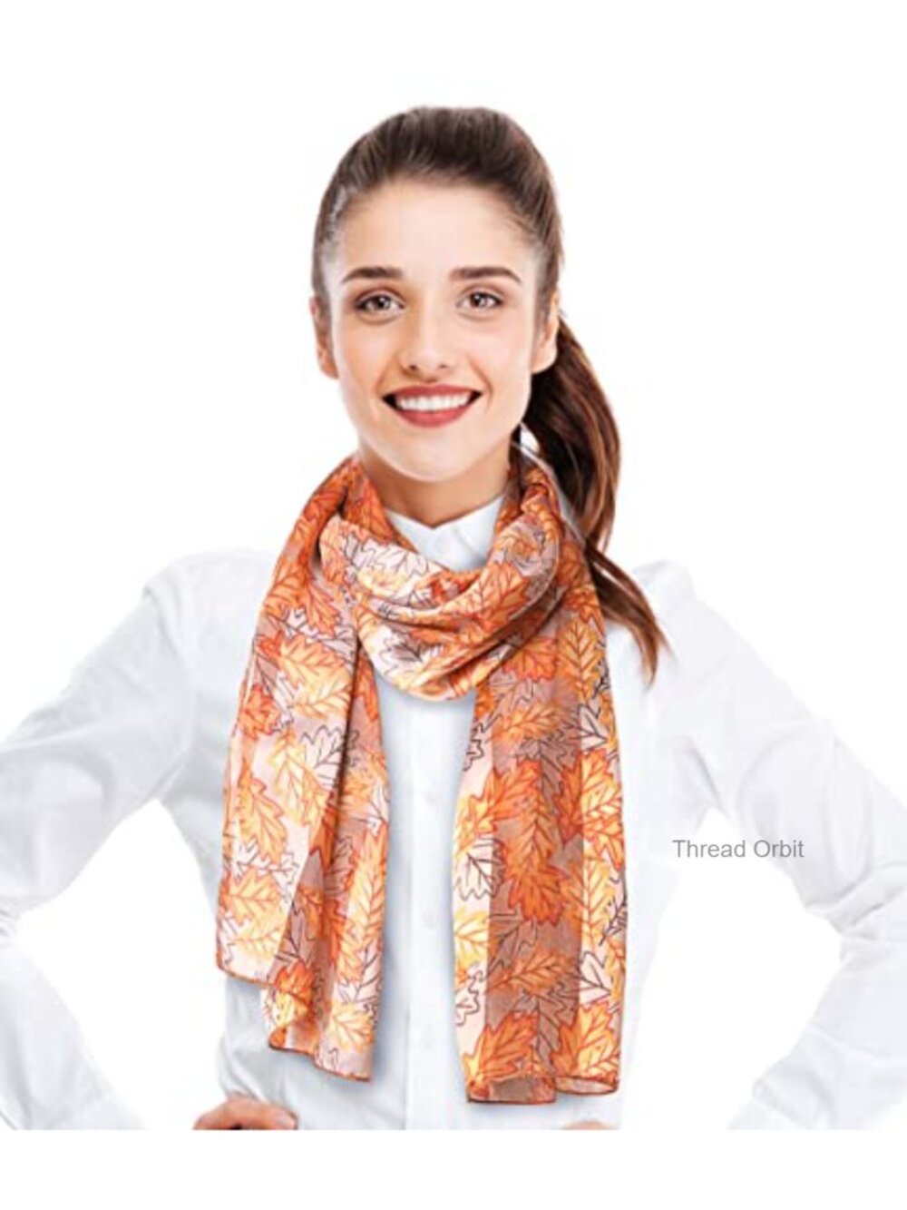 Silk Feel Leaf Print Scarf 13x60 Lightweight Polyester Fall Fashion Wrap